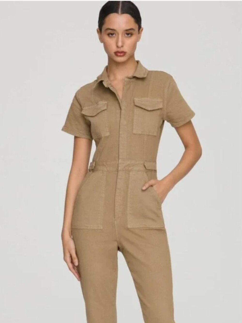 Good American Short-Sleeve Utility Jumpsuit in Khaki - XL